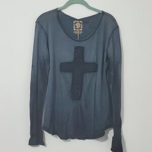 Velvet Stone Black Long Sleeve Top with Cross Design Large NEW